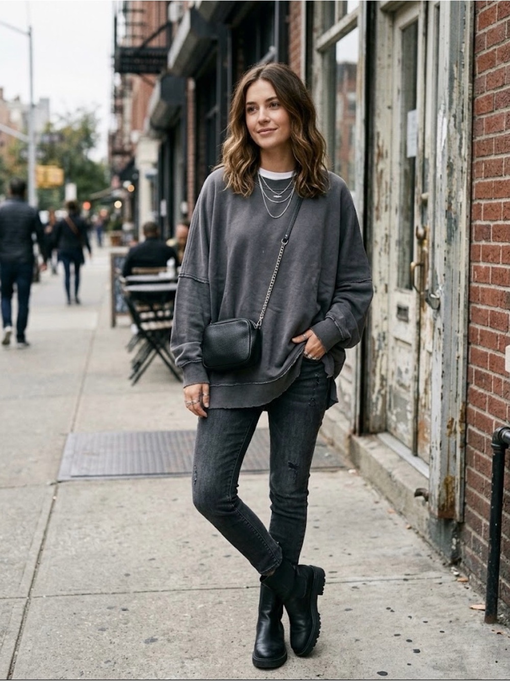 Aerie Oversized Distressed Crewneck Sweatshirt Grey Medium